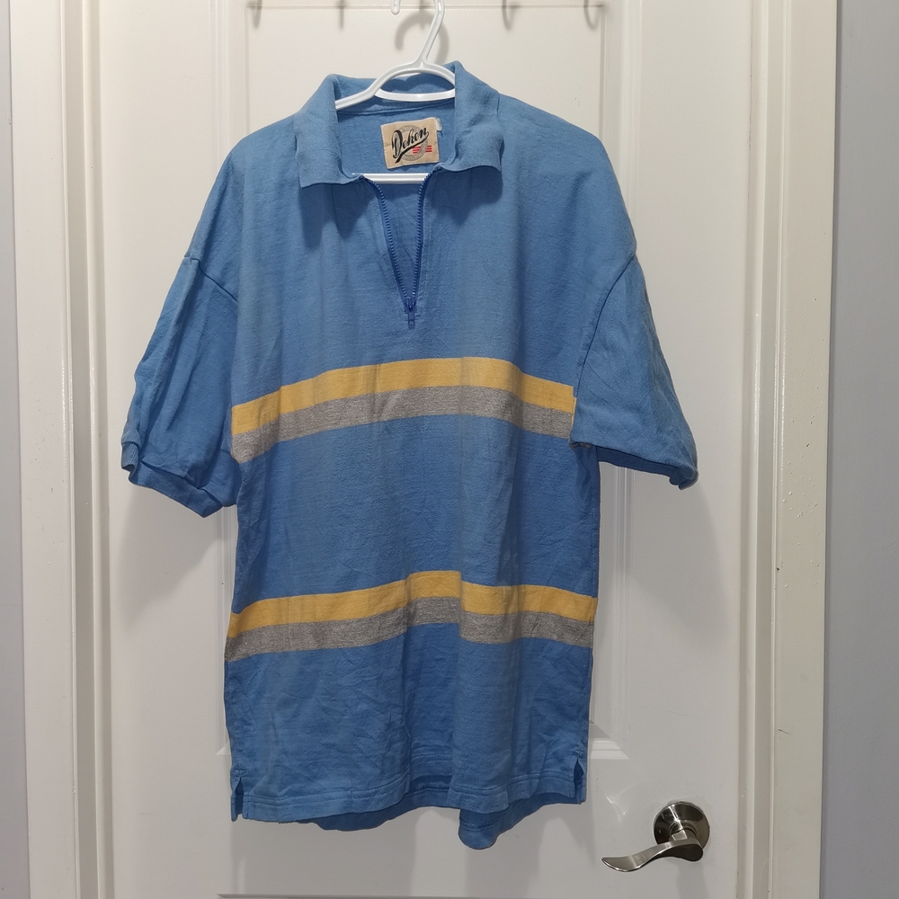 Vintage Blue Polo with Yellow &‎ Gray Stripes